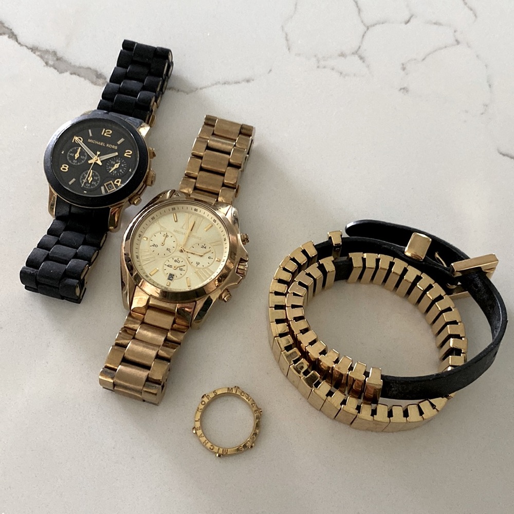 Michael Kors gold and black watch and jewelry bundle